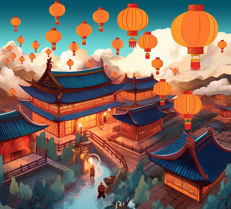 国风古代繁华建筑傍晚祥云壮观新中灯笼式插画,插画/手绘图,插画/手绘图库,插画/手绘图下载,插画/手绘